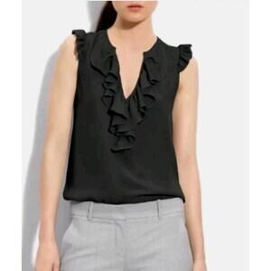Theory Womens Silk Short Sleeves Ruffled Nalena Size S Blouse Black #C